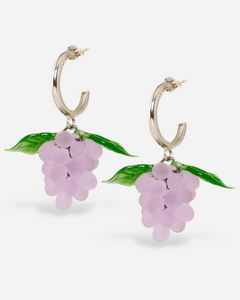 Handmade grape earrings with sterling silver hoops and pink beads.