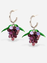 Load image into Gallery viewer, Handmade grape earrings with sterling silver hoops and purple beads.