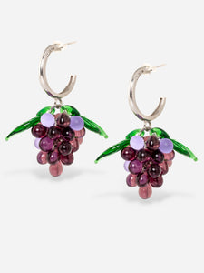 Handmade grape earrings with sterling silver hoops and purple beads.