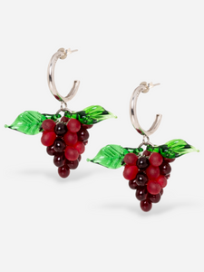 Handmade grape earrings with sterling silver hoops and dark red beads.