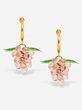 Load image into Gallery viewer, Handmade grape earrings with gold hoops and pink beads.