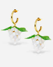 Load image into Gallery viewer, Handmade grape earrings with gold hoops and white beads.