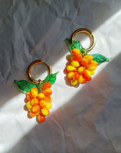 Load image into Gallery viewer, Handmade Gold Hoop Earrings with orange and yellow Grape charm