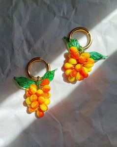 Handmade Gold Hoop Earrings with orange and yellow Grape charm