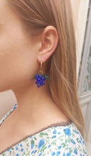 Load image into Gallery viewer, Handmade Gold Hoop Earrings with Blue Grape and green leaves charm.