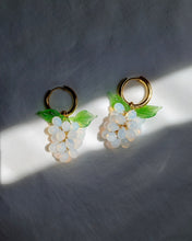 Load image into Gallery viewer, Handmade Gold Hoop Earrings with opal white Grape charm