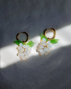 Handmade Gold Hoop Earrings with opal white Grape charm