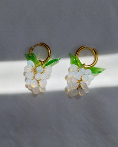 Handmade Gold Hoop Earrings with opal white Grape charm