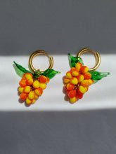 Load image into Gallery viewer, Handmade Gold Hoop Earrings with orange and yellow Grape charm