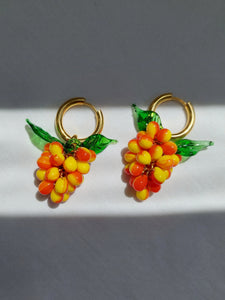 Handmade Gold Hoop Earrings with orange and yellow Grape charm