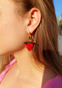 Handmade Gold Hoop Earrings with Red Grape charm
