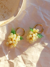 Load image into Gallery viewer, Handmade Gold Hoop Earrings with Opal Yellow Grape charm