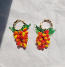 Load image into Gallery viewer, Handmade Gold Hoop Earrings with orange and yellow Grape charm