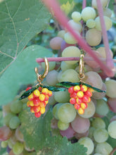 Load image into Gallery viewer, Handmade Gold Hoop Earrings with orange and yellow Grape charm