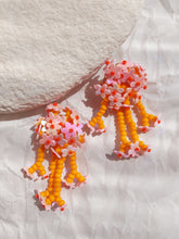 Load image into Gallery viewer, Handmade statement flower beaded earrings with a retro style.
