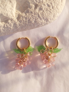 Handmade Gold Hoop Earrings with light pink Grape charm