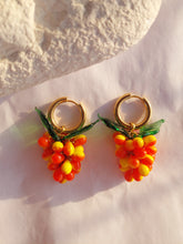 Load image into Gallery viewer, Handmade Gold Hoop Earrings with orange and yellow Grape charm