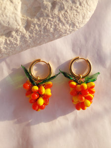 Handmade Gold Hoop Earrings with orange and yellow Grape charm