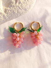 Load image into Gallery viewer, Handmade Gold Hoop Earrings with Opal Pink Grape charm