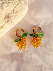 Handmade Gold Hoop Earrings with mustard yellow Grape charm