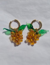 Load image into Gallery viewer, Handmade Gold Hoop Earrings with mustard yellow Grape charm