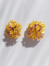 Load image into Gallery viewer, Handmade statement colourful flower beaded earrings with a retro style.