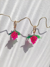 Load image into Gallery viewer, Handmade Gold Hoop Earrings with Pink Grape and green leaves charm.