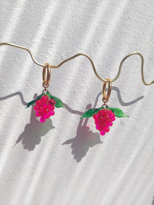 Handmade Gold Hoop Earrings with Pink Grape and green leaves charm.