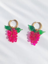 Load image into Gallery viewer, Handmade gold hoop earrings with grape charm. Made with colorful glass beads.