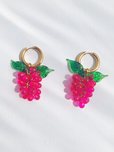 Handmade gold hoop earrings with grape charm. Made with colorful glass beads.