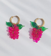 Load image into Gallery viewer, Handmade Gold Hoop Earrings with Pink Grape and green leaves charm.