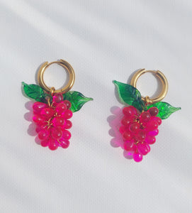 Handmade Gold Hoop Earrings with Pink Grape and green leaves charm.