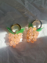 Load image into Gallery viewer, Handmade Gold Hoop Earrings with Peach Grape charm