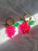 Load image into Gallery viewer, Handmade Gold Hoop Earrings with Pink Grape and green leaves charm.