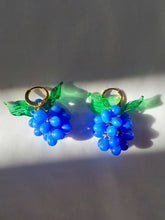 Load image into Gallery viewer, Cute handmade sterling silver huggie hoop earrings with Berries charm made of Czech and Murano glass beads. The perfect colorful jewelry.