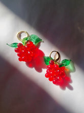 Load image into Gallery viewer, Cute handmade sterling silver huggie hoop earrings with Berries charm made of Czech and Murano glass beads. The perfect colorful jewelry for you or a gift.