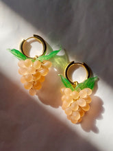 Load image into Gallery viewer, Cute gold plated hoop earrings with a handmade glass grape charm. The perfect gift for the colorful food  jewelry lovers.