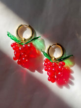 Load image into Gallery viewer, Cute gold plated hoop earrings with a red handmade glass grape charm. The perfect gift for the colorful food  jewelry lovers.